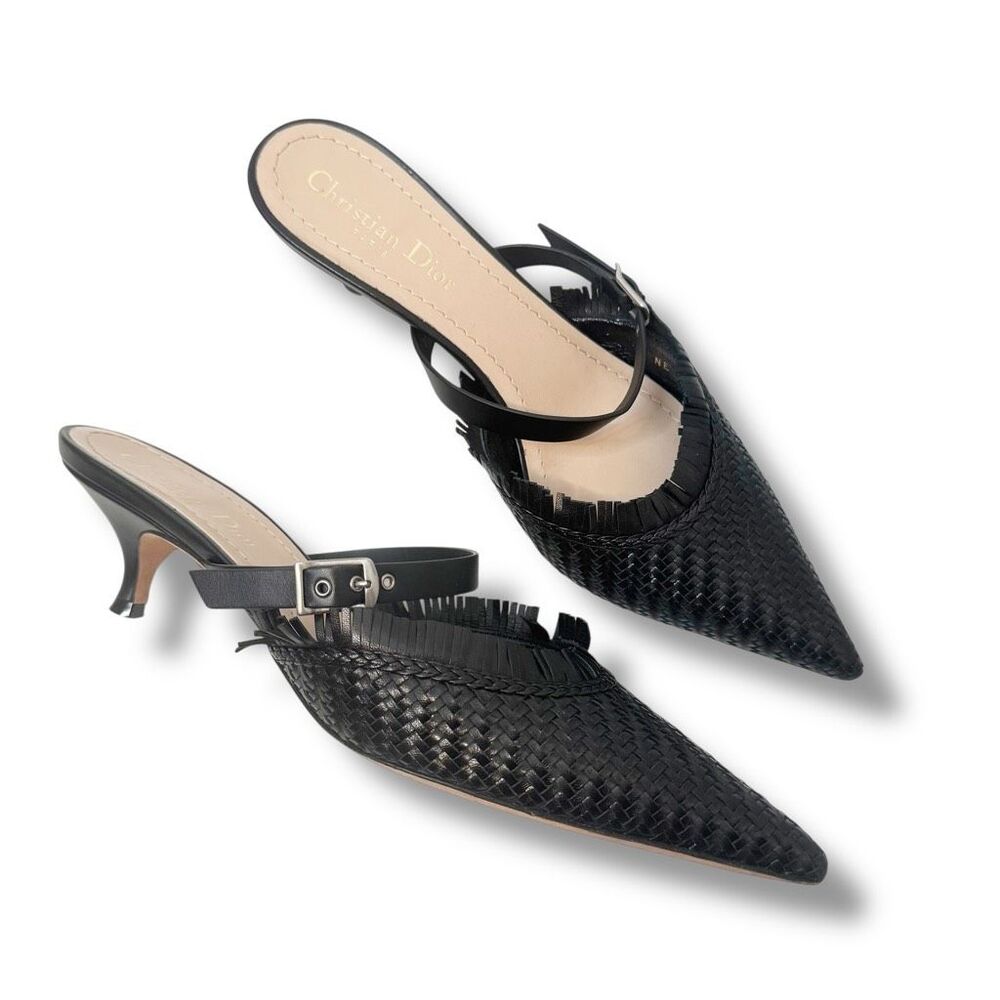 CHRISTIAN DIOR Lambskin Woven Teddy D Mule Sandals Black Kitten Heels Size 38.5